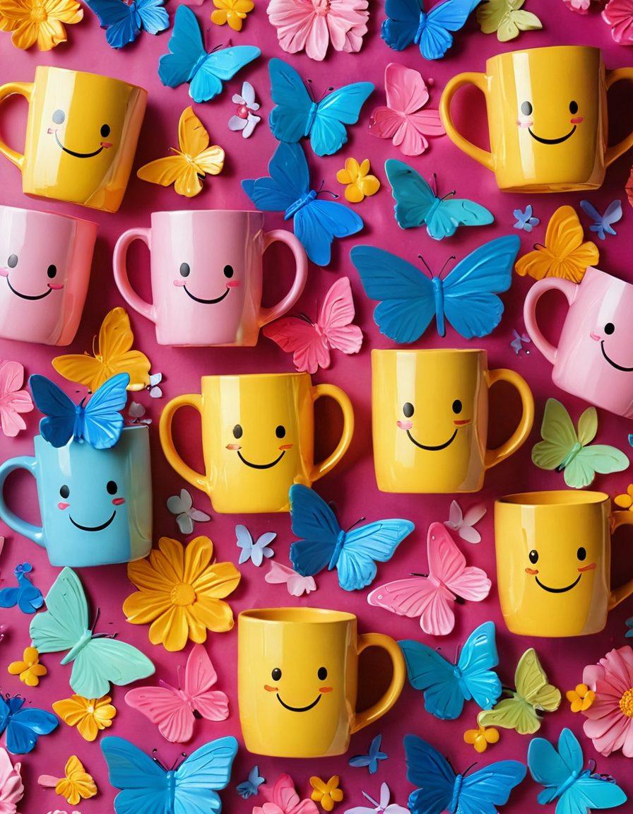 An explosion of colorful and whimsical products such as vibrant mugs, joyful apparel, and playful home decor items, all arranged in a bright and sunny environment. Incorporate elements like smiling faces, sparkles, and butterflies to emphasize positivity and joy. A warm color palette of yellows, pinks, and blues to enhance the cheerful atmosphere. 3D perspective to create depth and engagement. vibrant colors.