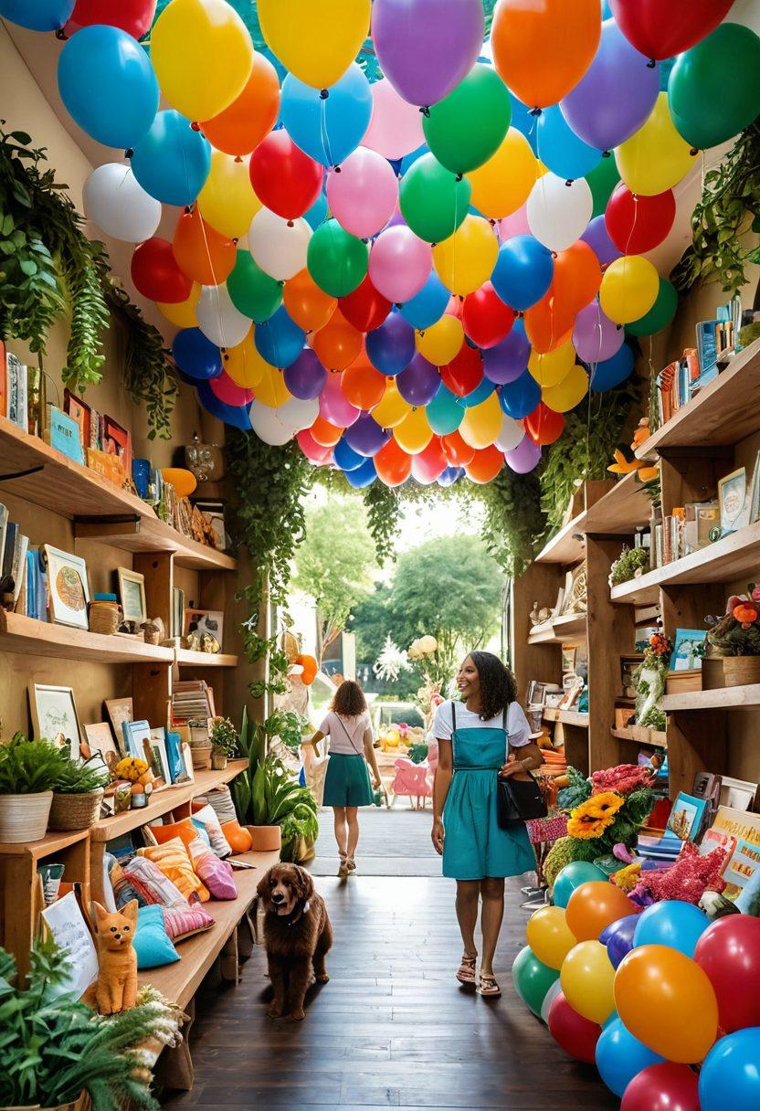 A bright and colorful marketplace filled with cheerful products like colorful home decor, uplifting books, and playful toys. People of diverse backgrounds are smiling and interacting joyfully, surrounded by lush greenery and sunshine. Include elements of happiness such as balloons, flowers, and playful pets. The overall atmosphere should radiate positivity and inspiration. vibrant colors. super-realistic.