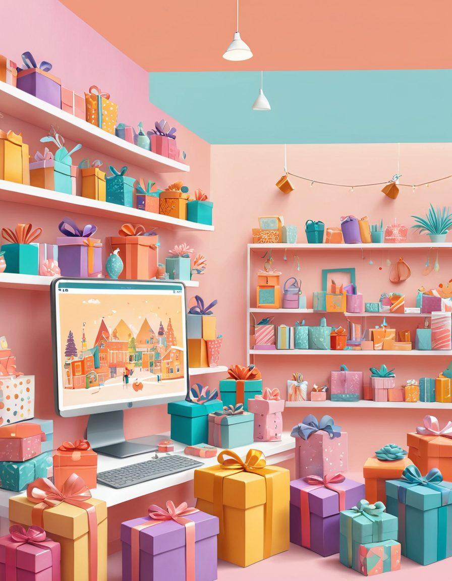A vibrant online marketplace scene filled with delightful gifts like colorful handcrafted items, gourmet treats, and unique lifestyle accessories. Customers happily browsing and shopping, surrounded by playful decorations and warm lighting, capturing a sense of joy and community. The background showcases an inviting digital interface with various categories of gifts. lively, cheerful atmosphere. vector art. pastel colors.
